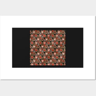 Traditional Japanese Kikkou Tortoise Shell Autumn Geometric Floral Pattern with Maple Leaves, Bush Clover, and Chrysanthemum in Bold Gold Black and Red Posters and Art